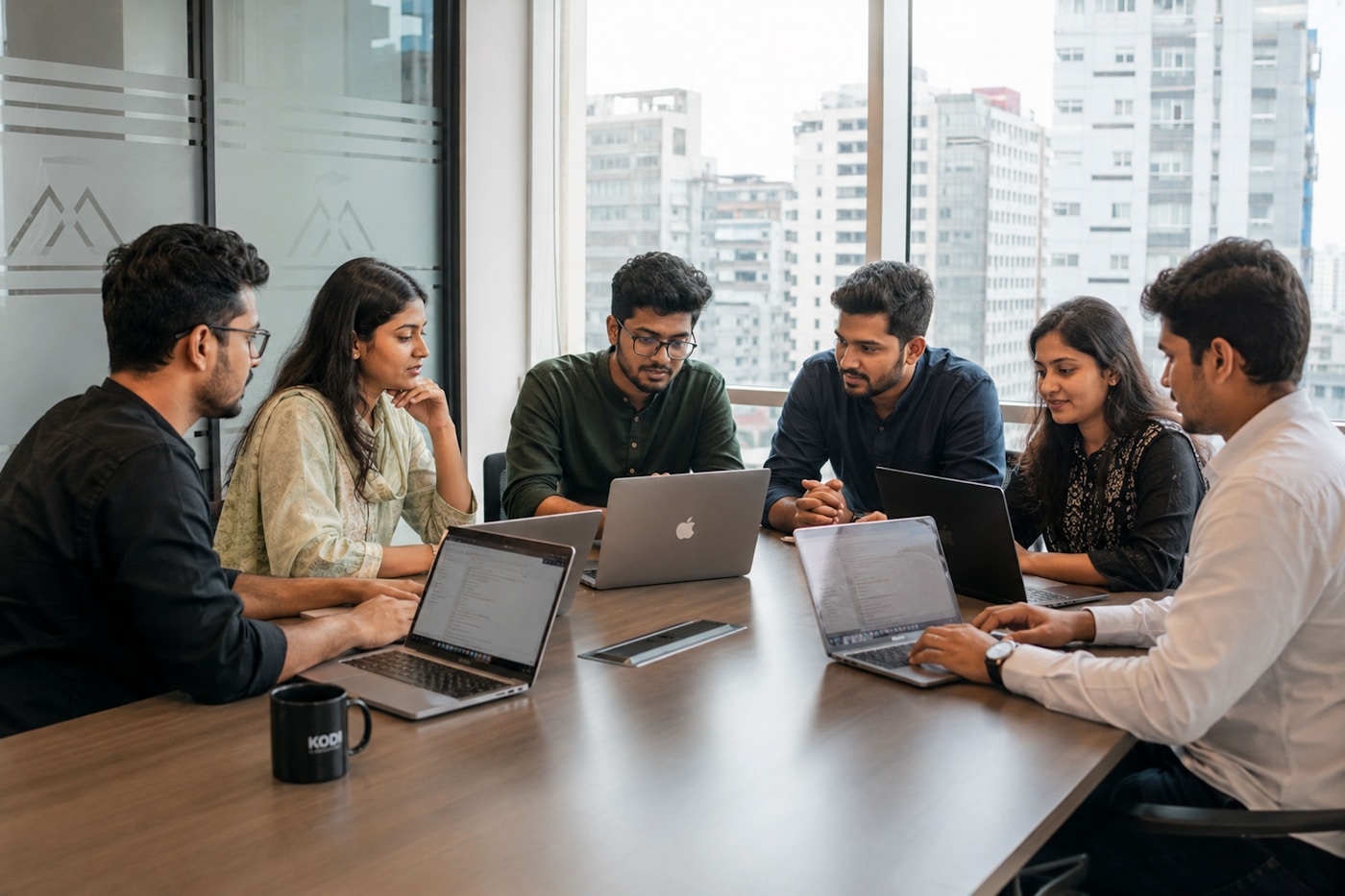 Management professionals collaborating around a meeting table